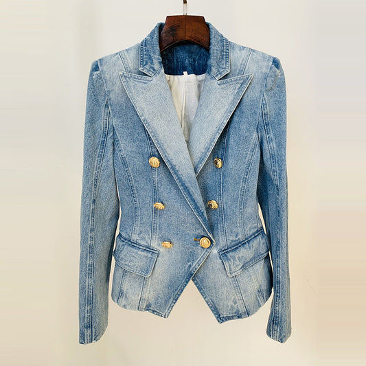 Regal Lion Crest Double-Breasted Denim Blazer
